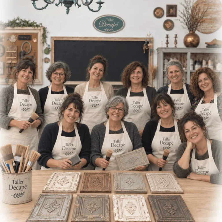 Grupo de mujeres con delantal de Taller Decapé junto a una mesa con azulejos pintados y envejecidos en el taller
