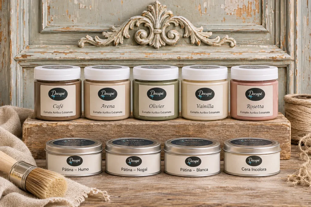 Esmaltes acrílicos extramate, pátinas y cera Decapé para restaurar muebles, con una brocha sobre madera envejecida